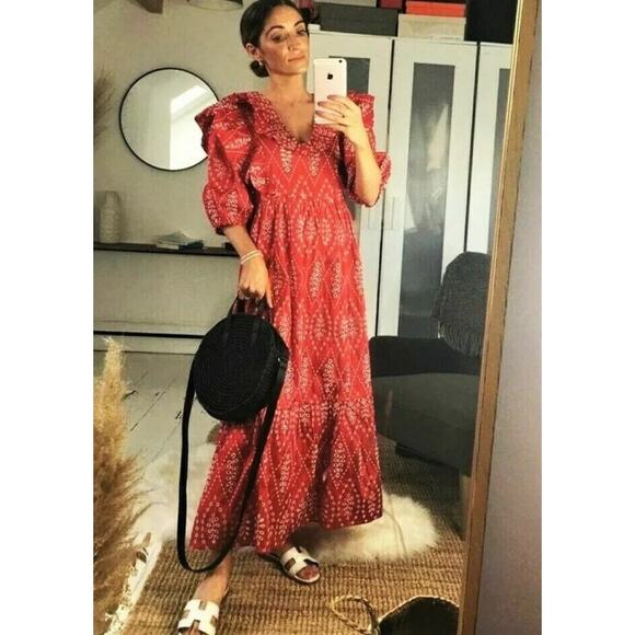 Zara Red Dress with Eyelet Embroidery Midi Length Size Small - Picture 13 of 16